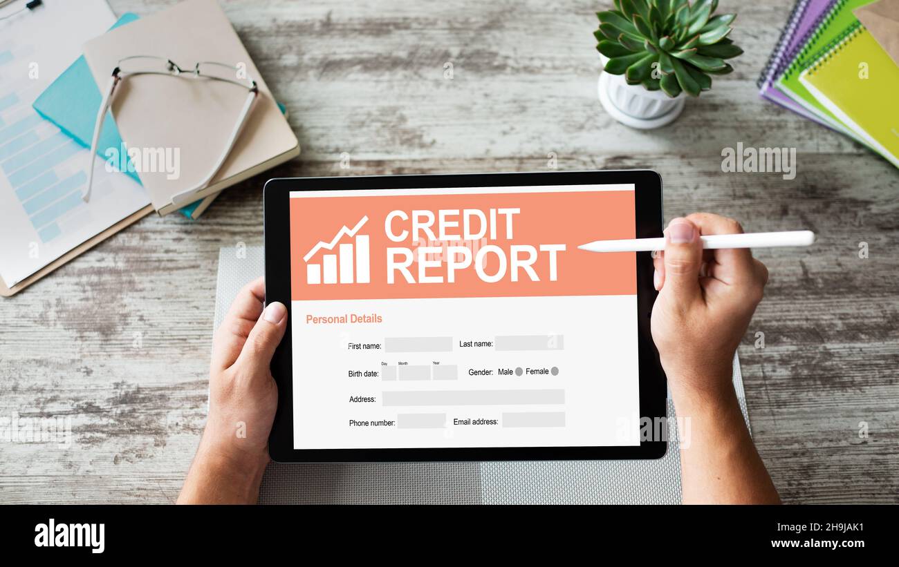 Formulaire de demande de rapport de crédit à l'écran. Concept commercial et financier. Banque D'Images