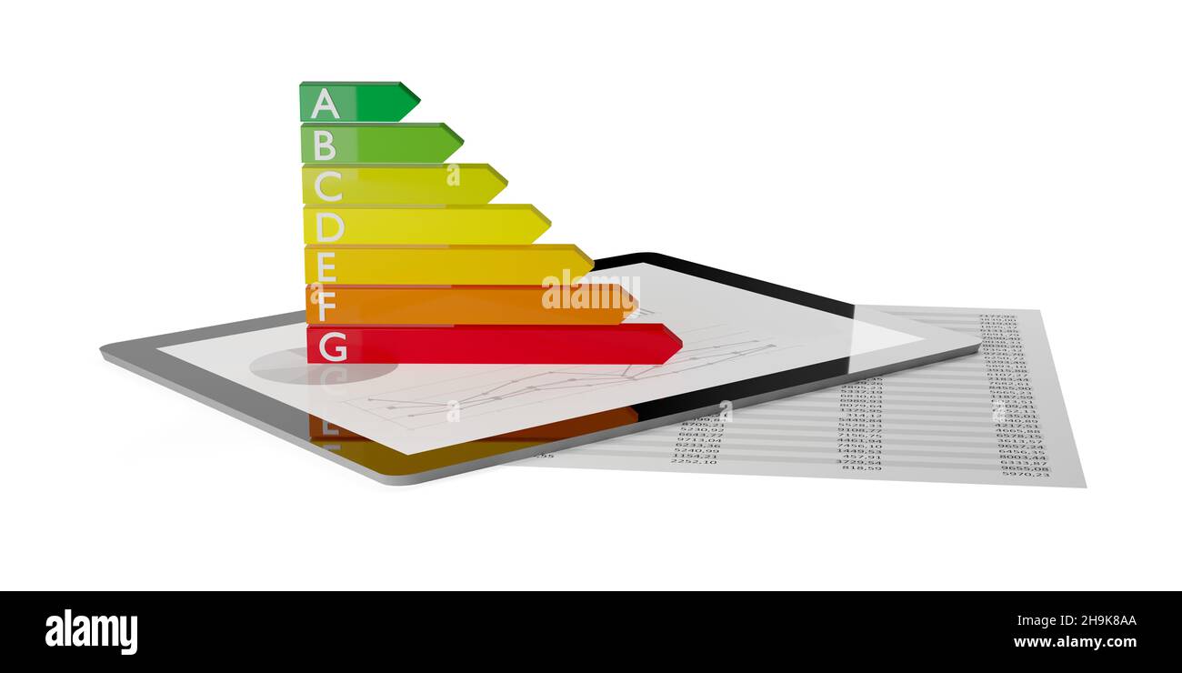 Étiquette de classification énergétique européenne sur Tablet pc avec fiche technique et schéma sur fond blanc, concept de graphique de consommation d'énergie, illustration 3D Banque D'Images