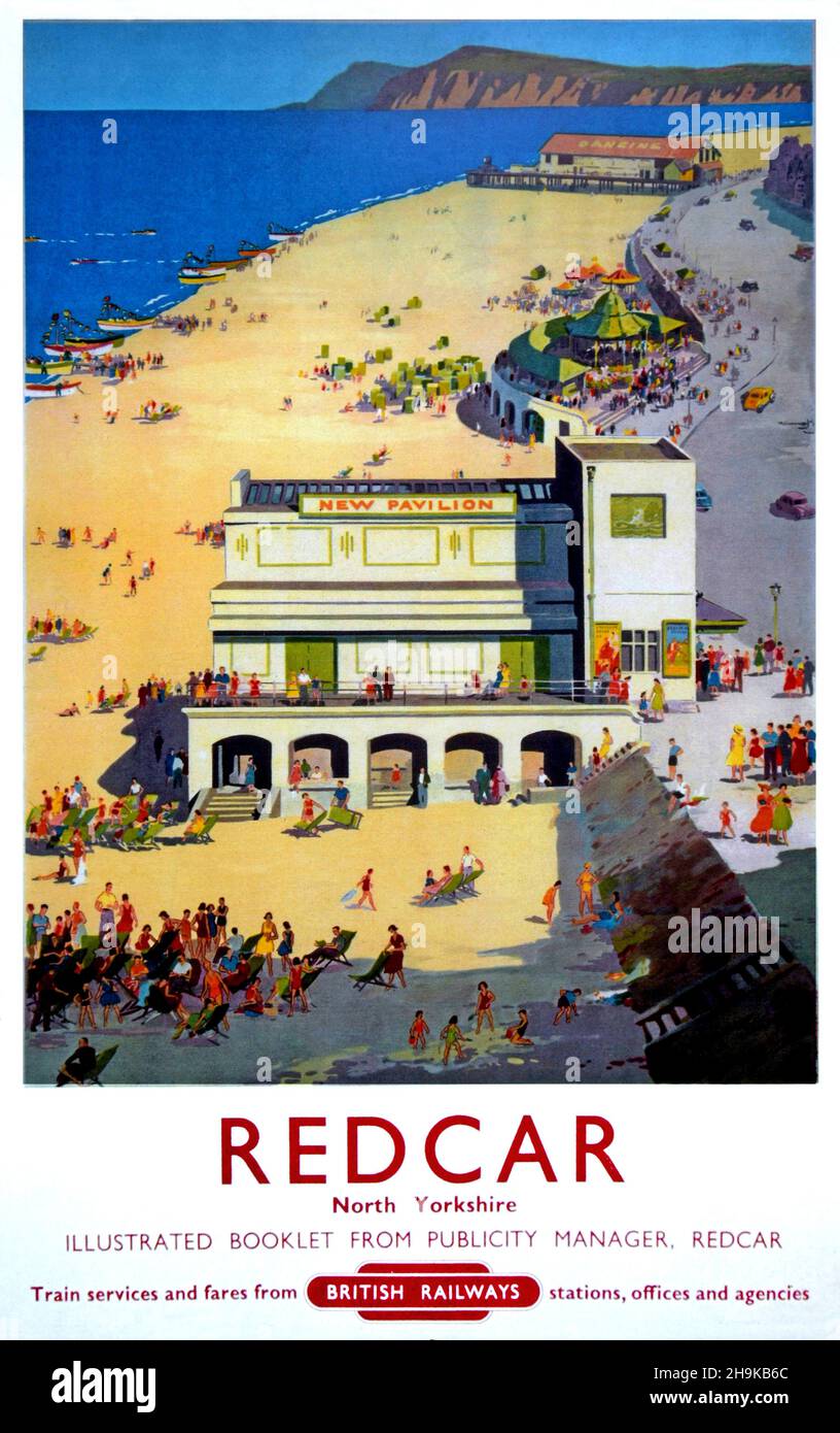 Une affiche de vacances des chemins de fer britanniques vintage annonçant Redcar, Yorkshire Banque D'Images