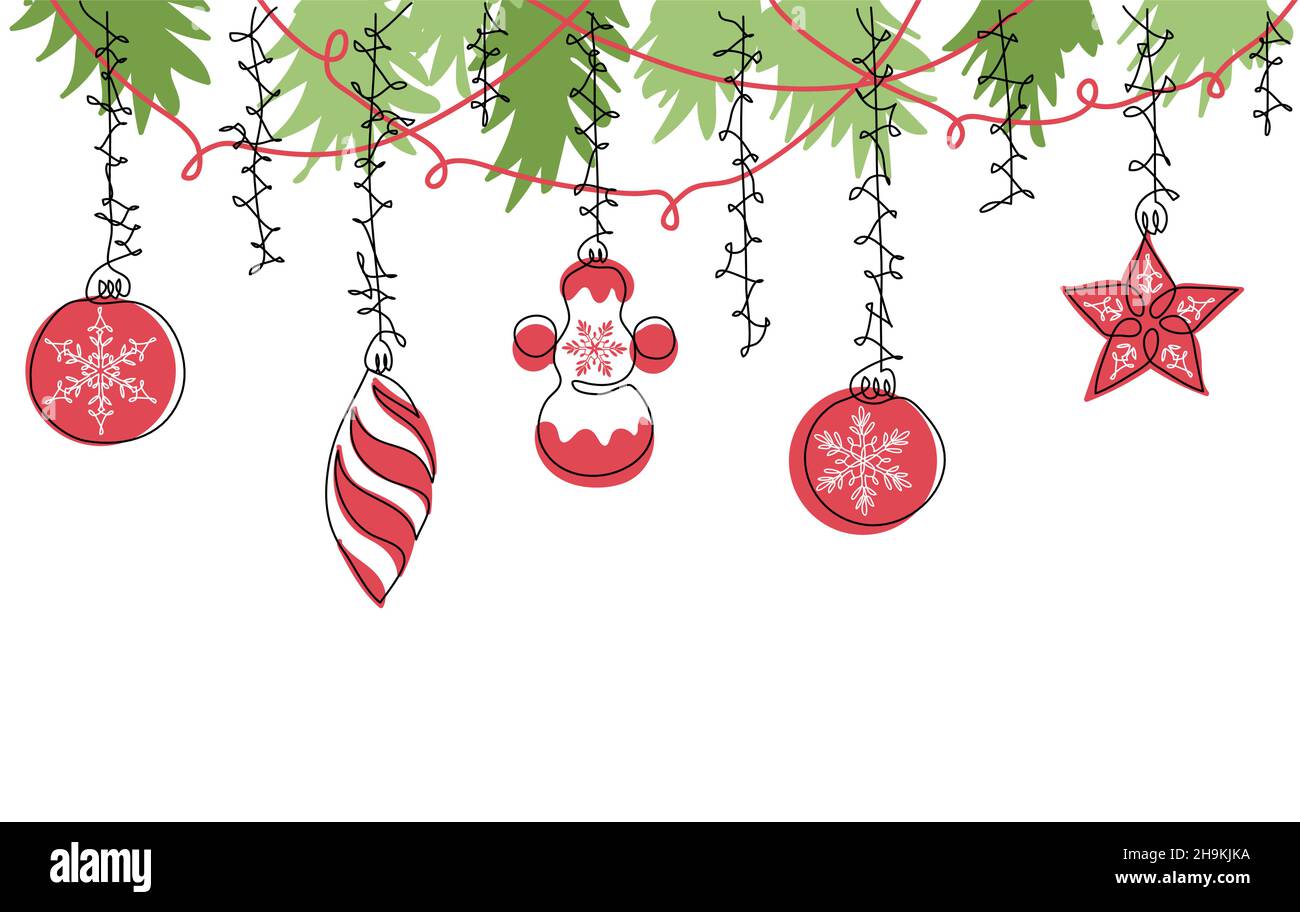 Guirlande De Noel Dessin Couleur Bordure de couleur vectorielle de Noël.Décorations de Noël, arrière-plan  des jouets d'arbre de noël.Bordure vectorielle sans couture avec  ornements.Un dessin au trait continu Image Vectorielle Stock - Alamy