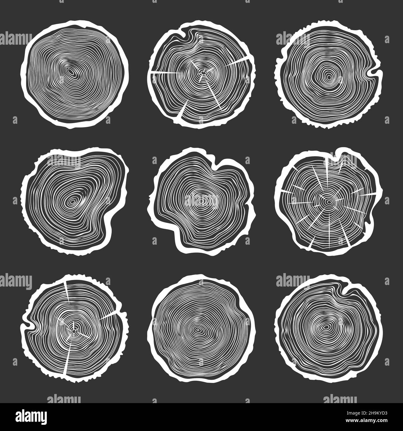 Troncs ronds blancs d'arbre avec des fissures, des tranches de pin ou de chêne sciées, du bois.Bois scié, bois.Texture en bois avec anneaux.Esquisse dessinée à la main Illustration de Vecteur