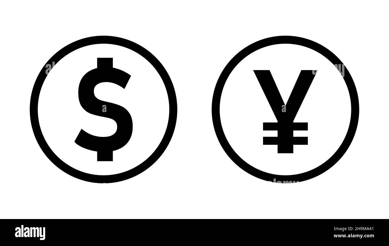 DOLLAR AMÉRICAIN yen japonais ou yuan chinois taux de change devise signe ou icône ensemble avec un style de pièce de conception.Image vectorielle. Illustration de Vecteur