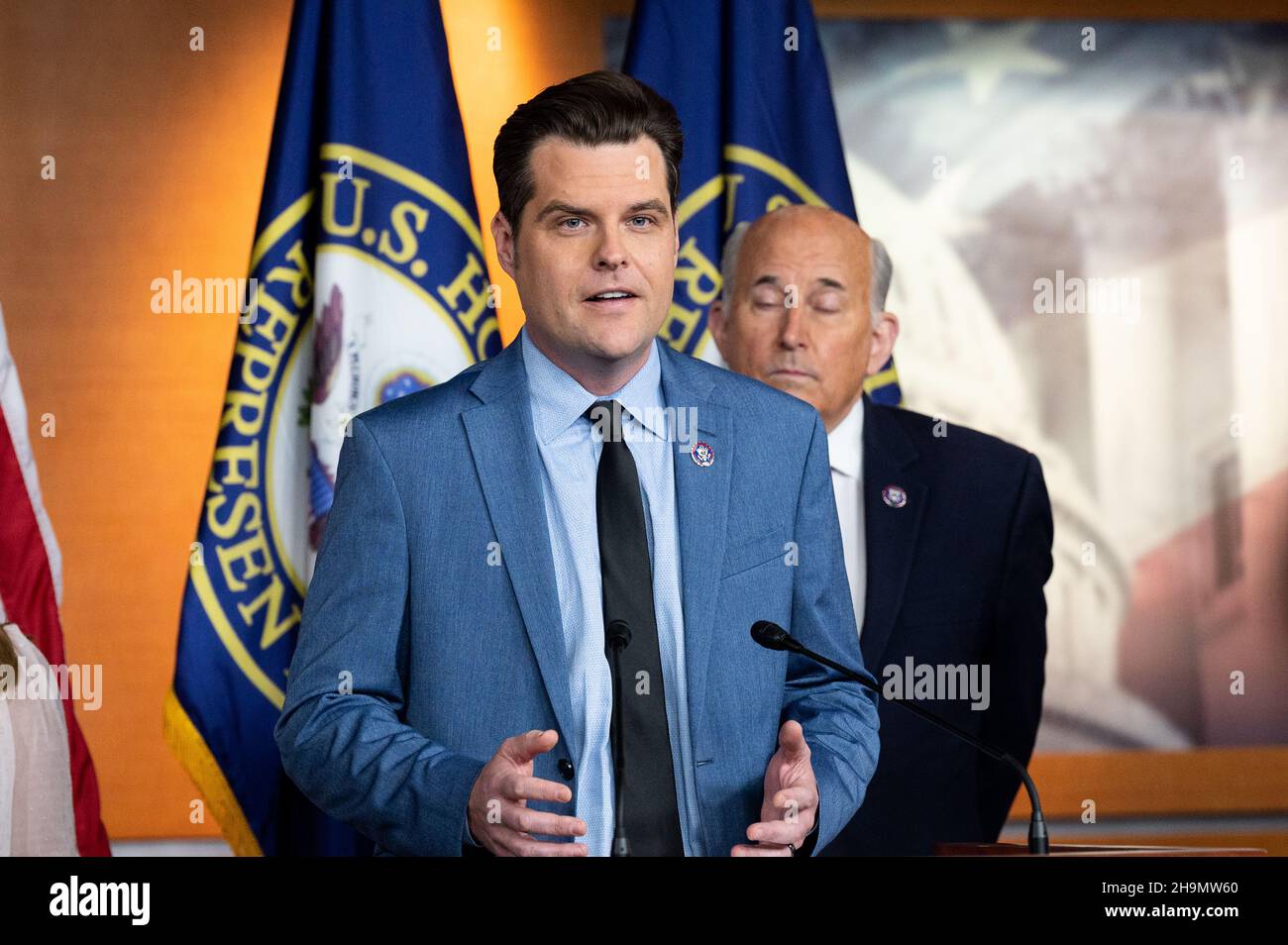 Washington, États-Unis.07ème décembre 2021.Matt Gaetz (R-FL), représentant américain, s'exprime lors d'une conférence de presse sur le traitement des accusés du 6 janvier à la prison du District de Columbia (DC).Crédit : SOPA Images Limited/Alamy Live News Banque D'Images