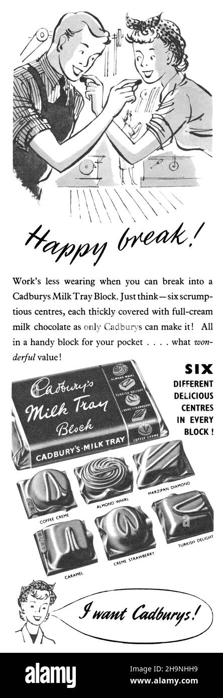 1953 publicité britannique pour Cadbury's Milk Tray Block. Banque D'Images