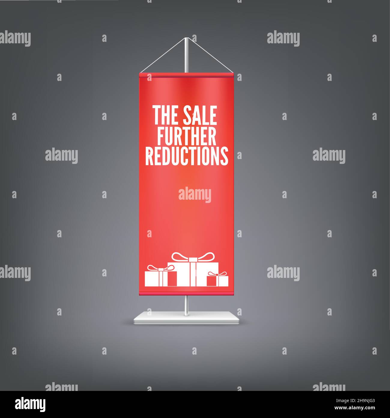 La vente de nouvelles réductions.Drapeau rouge vertical sur le montant. Illustration de Vecteur