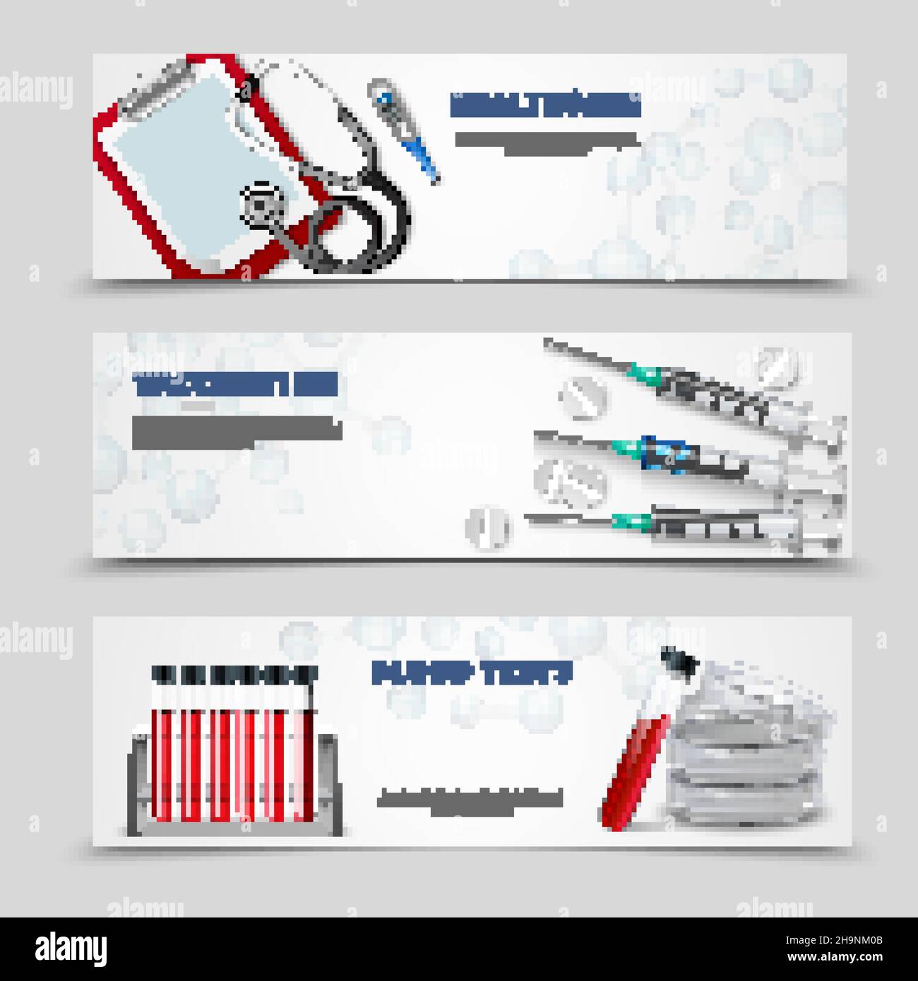 Trois bannières horizontales avec un stéthoscope réaliste pour les outils de traitement médical illustration du vecteur des flacons de test sanguin et des injecteurs de vaccins Illustration de Vecteur