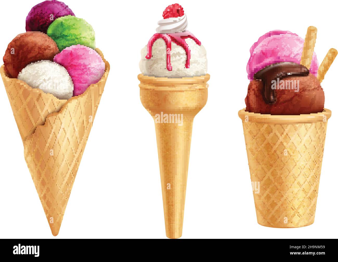 Ensemble de glace réaliste et colorée en gaufre avec illustration vectorielle isolée de baies et de sirop de chocolat Illustration de Vecteur