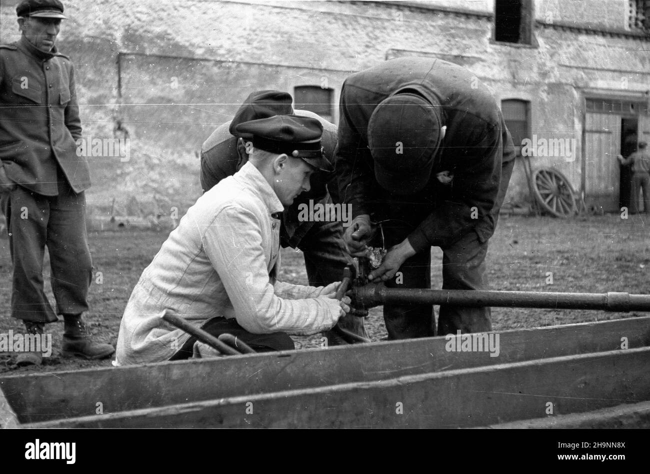 Opatowiec, 1948-12-12.Brygada kolejowych mechaników niesie pomoc techniczn¹ pracownikom Pañstwowego Oœrodka Maszynowego (POM), który powsta³ na bazie przejêtego przez pañstwo maj¹tku ziemskiego.NZ. Naprawa rêcznej pompy studziennej (abisynki); W g³êbi bugynki mieszkalne i gosspodarcze folwarku. mta PAP/S.W.SadowskiOpatowiec, décembre 12 : une brigade de mécaniciens ferroviaires qui apporte une aide technique aux travailleurs du Centre national des machines (POM), créé dans une propriété débarquée par l'État.Photo : les mécaniciens réparent une pompe ; en arrière-plan, les quartiers de vie et les dépendances du manoir Banque D'Images