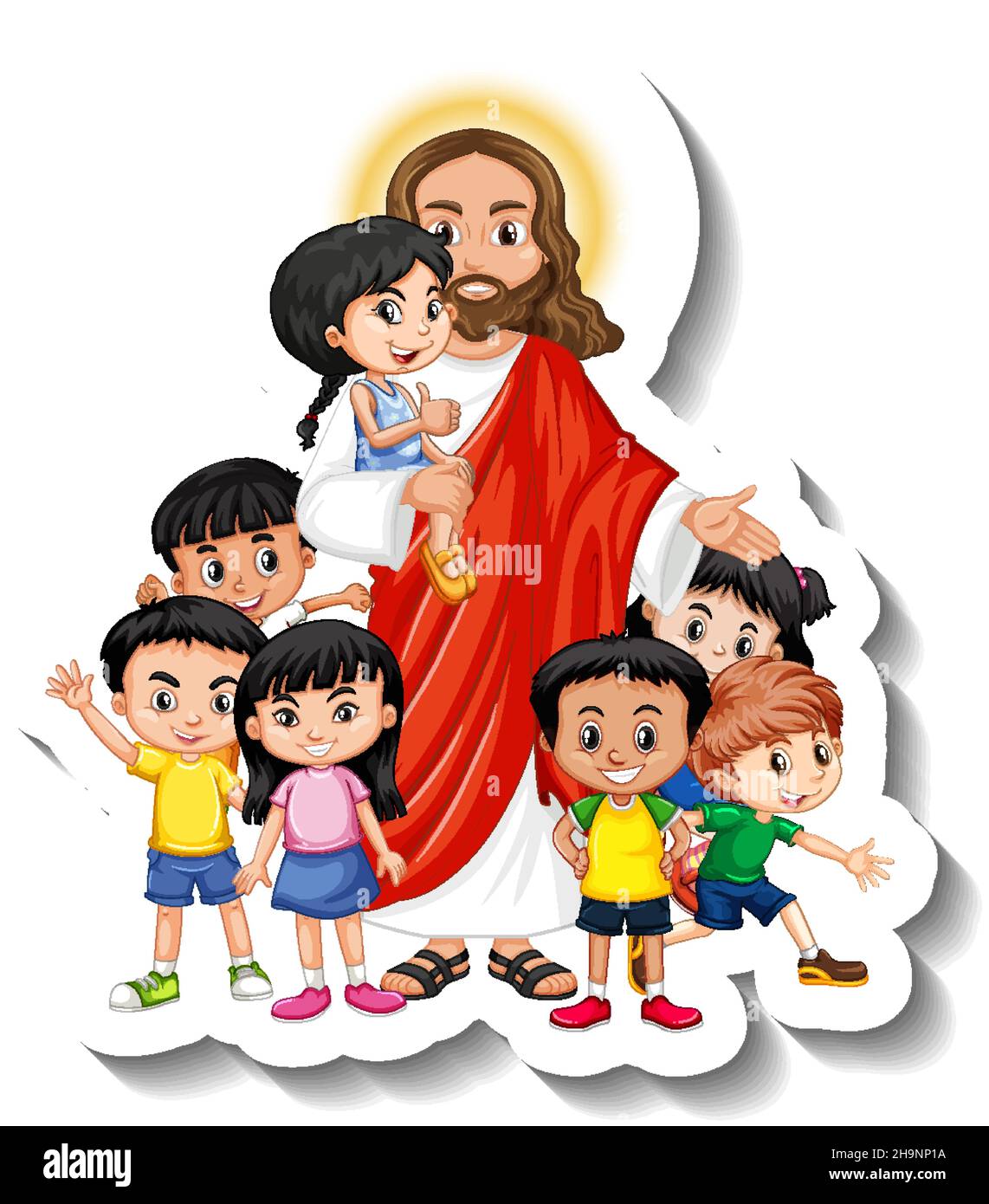 Jésus-Christ avec enfants autocollant de groupe sur fond blanc illustration Illustration de Vecteur