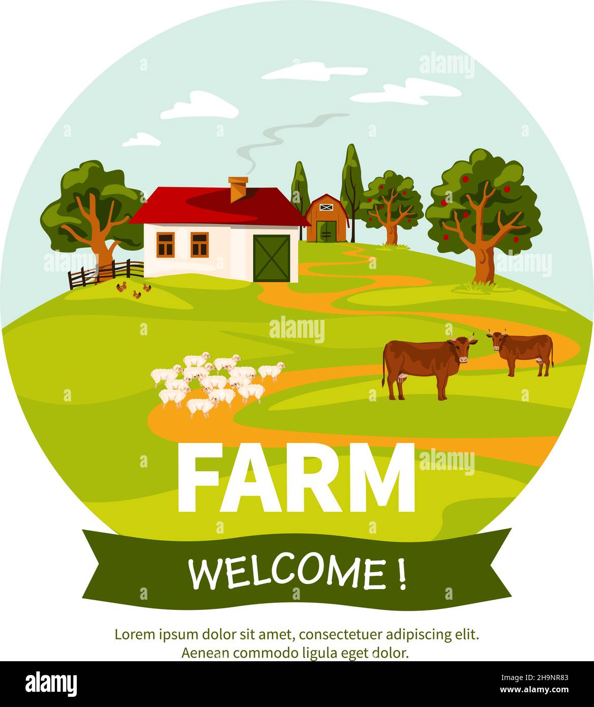 Belle affiche de paysage de ferme avec des moutons et des vaches de ferme illustration du vecteur plat herbe verte Illustration de Vecteur