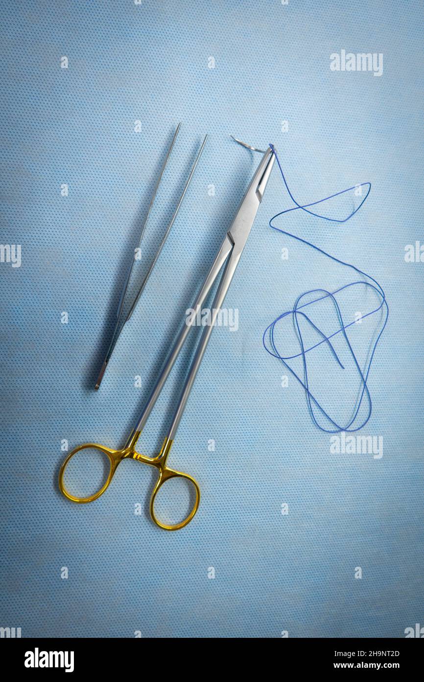 une suture chirurgicale est fixée dans un porte-aiguille et une paire de  pinces se trouve à côté Photo Stock - Alamy