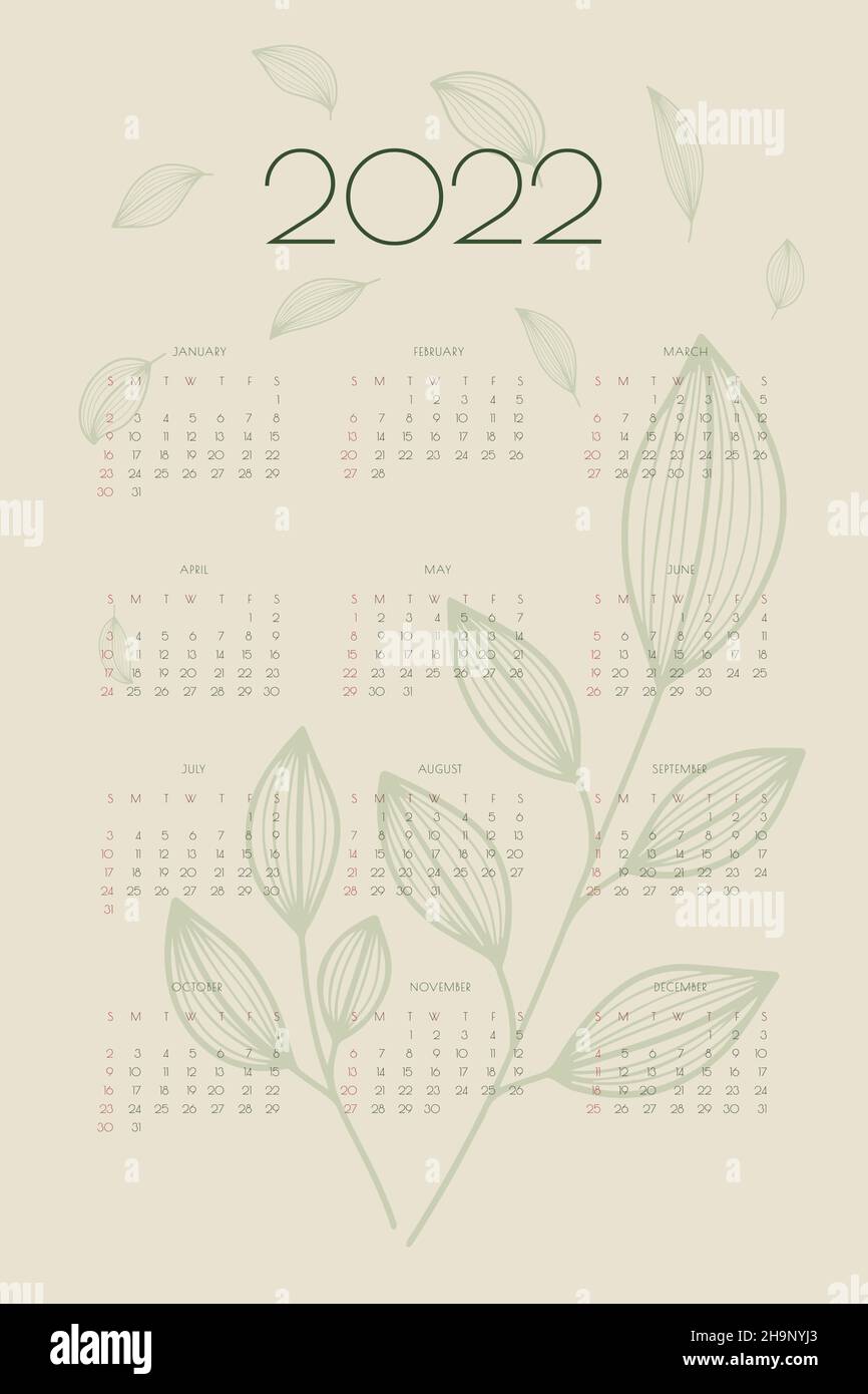 calendrier 2022 avec feuilles et branches dessinées à la main, modèle d'organiseur de planificateur en vert naturel de style écologique, format vertical. Illustration de Vecteur