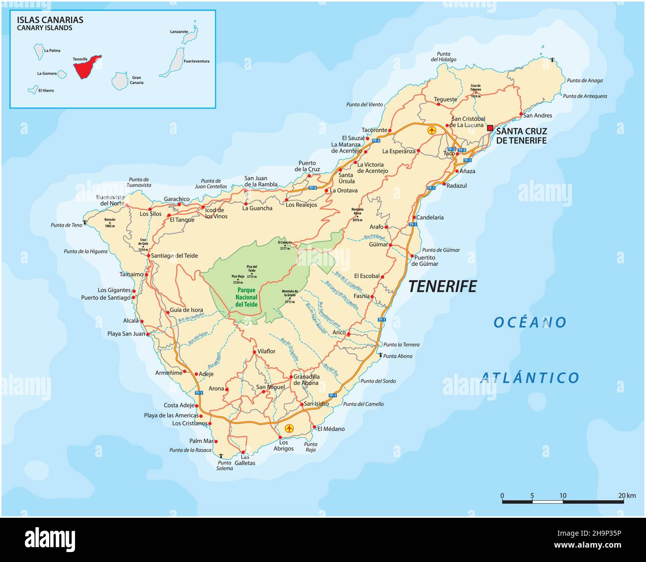 Carte routière vectorielle de l'île des Canaries à Ténérife Illustration de Vecteur