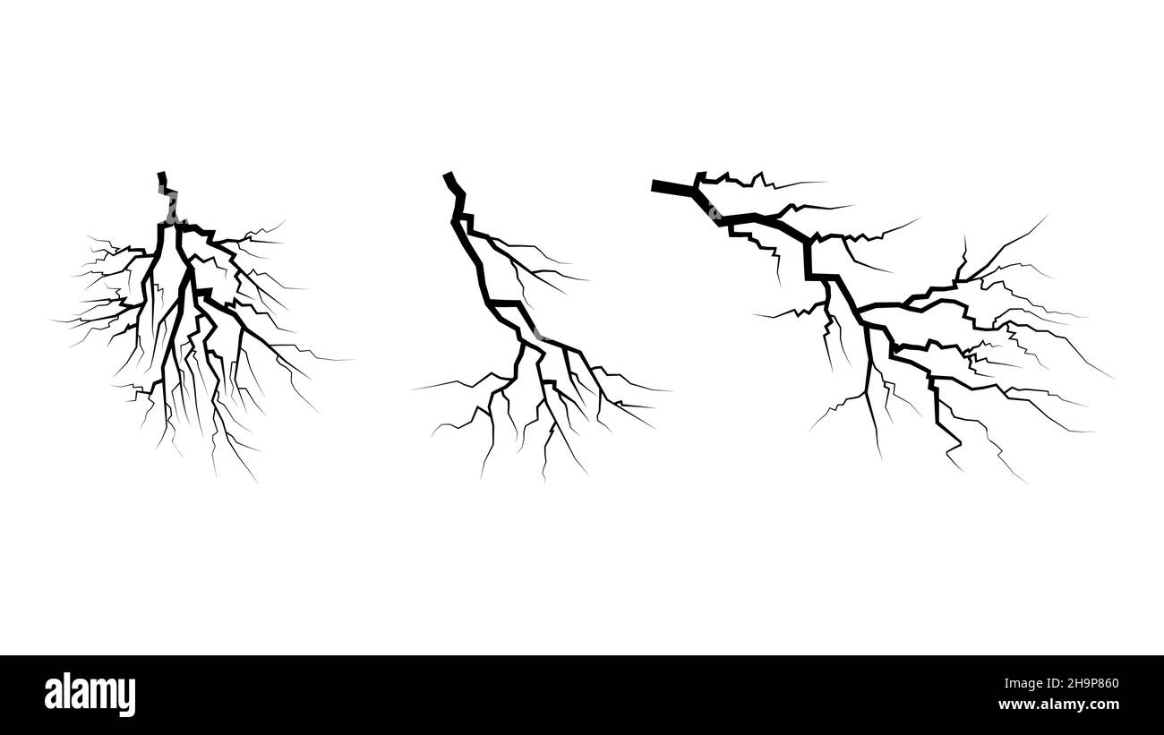 Fissures dans les murs.Structure de fracture de surface, fente mur de revêtement sec cassé ou verre fissuré détruit, ensemble de vecteur de destruction de tremblement de terre Illustration de Vecteur