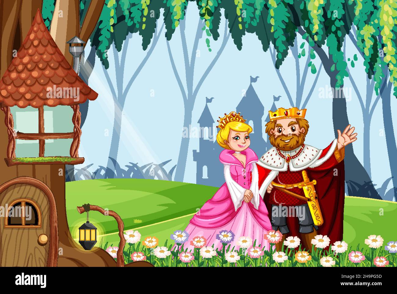 Un très grand lit et un grand lit dans une forêt enchantée Illustration de Vecteur