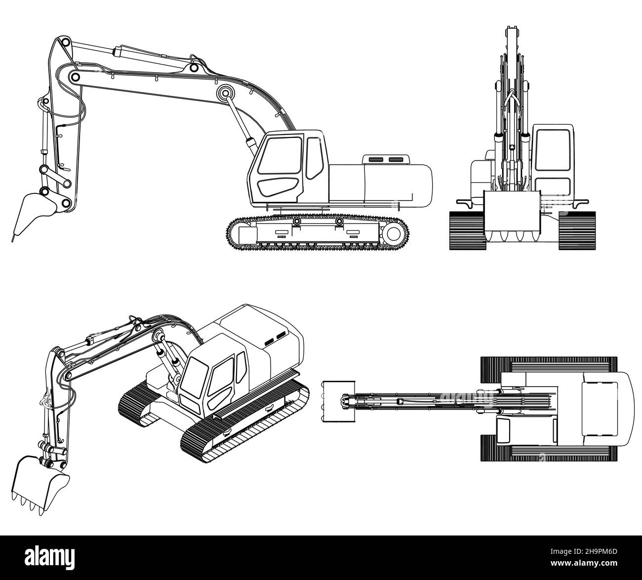 Définir les contours de la pelle hydraulique à partir de lignes noires isolées sur fond blanc.Vue latérale, de face, de dessus, isométrique.Illustration vectorielle. Illustration de Vecteur