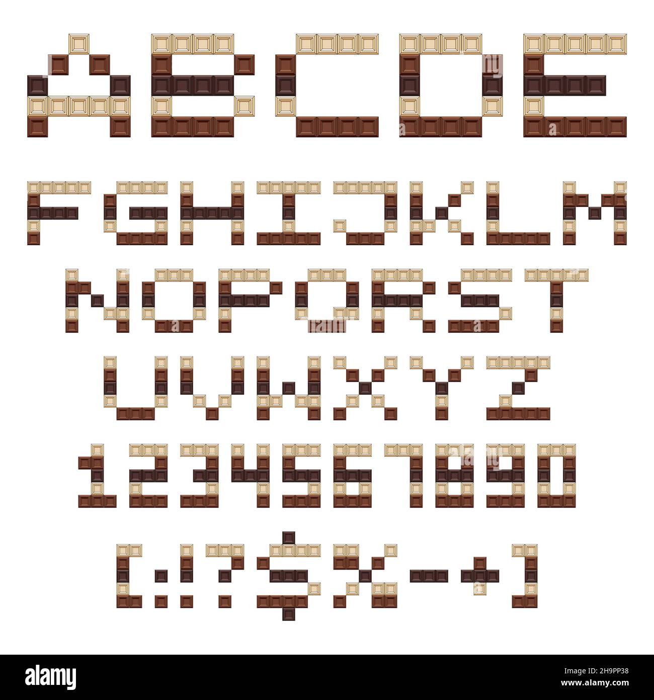 Alphabet, lettres, chiffres et signes chocolat.Ensemble d'objets vectoriels isolés sur fond blanc. Illustration de Vecteur