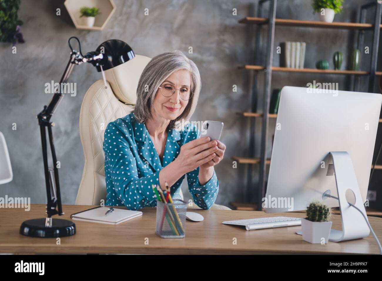 Photo de calme grave vieille jolie femme look téléphone écrire message affaires à l'intérieur dans le bureau lieu de travail Banque D'Images