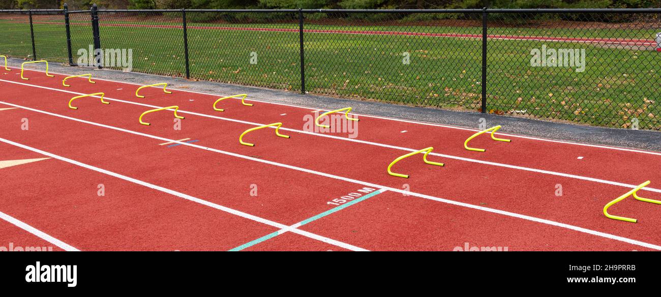 Vue horizontale de deux voies de petits haies pour que les coureurs puissent courir pendant un exercice sportif appelé le cricket. Banque D'Images