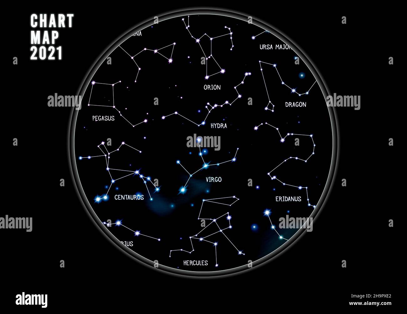 Illustration de la carte des étoiles de la constellation céleste du ciel de nuit Banque D'Images