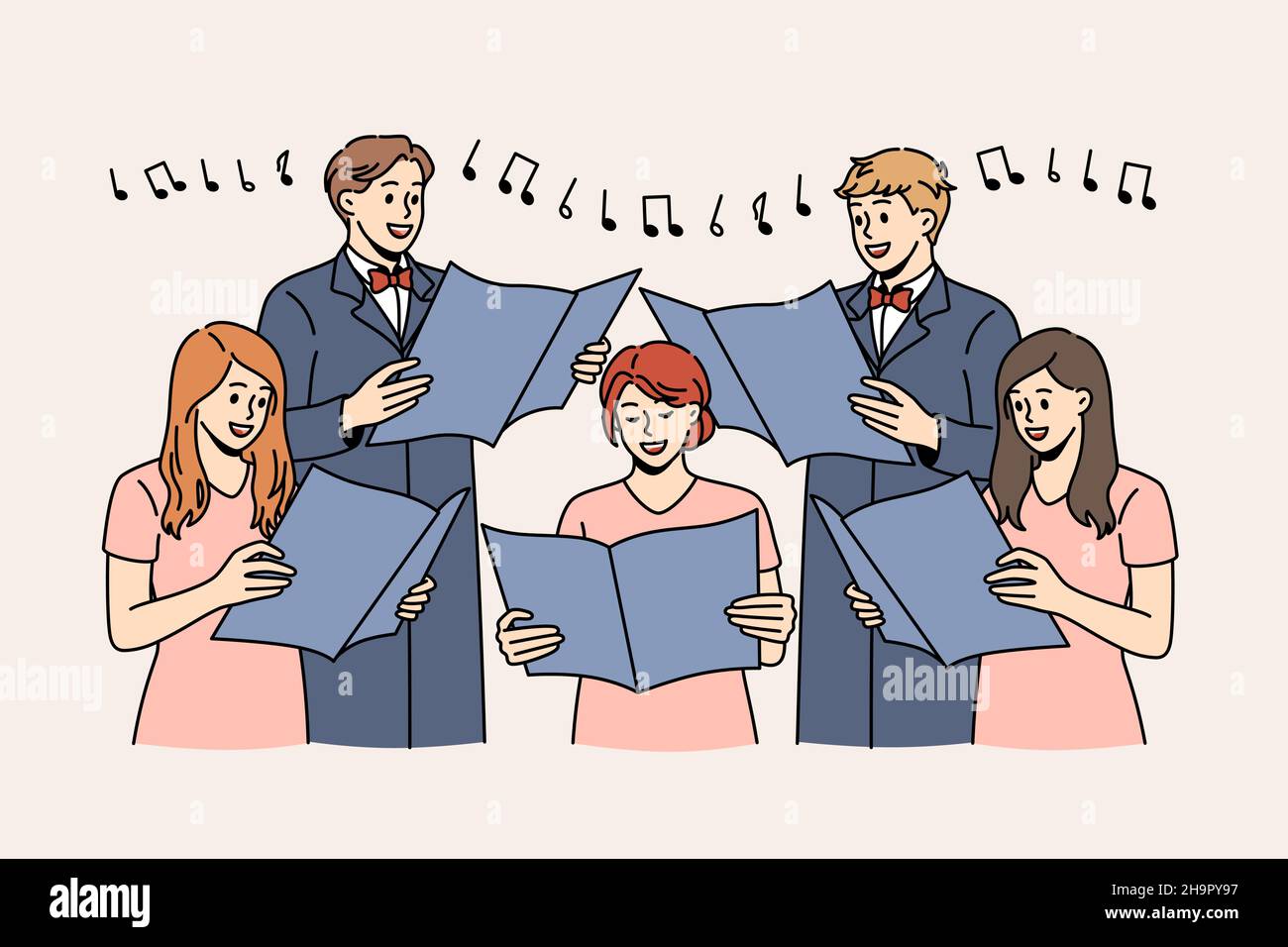 Musique et chant dans le concept de choeur.Groupe de jeunes gens positifs chanteurs chœur debout effectuant un concert avec des notes dans la main illustration vectorielle Illustration de Vecteur