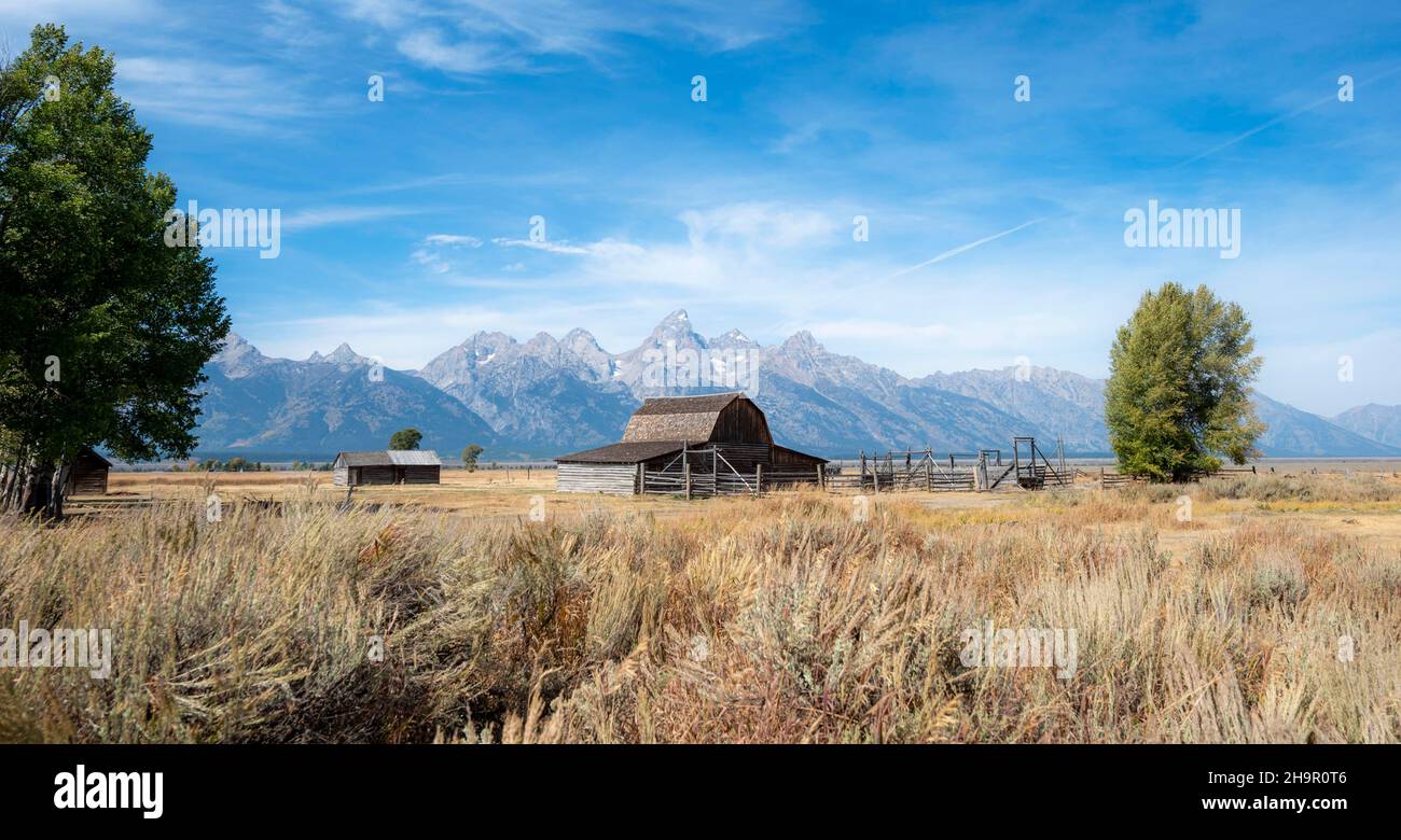 Ancienne grange historique en face du Teton Range, T.A.Molton Barn, quartier historique de Mormon Row, parc national de Grand Teton, Wyoming, États-Unis Banque D'Images