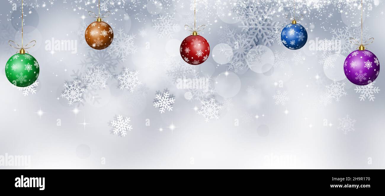 hiver vacances noël salutation balles mahic décoration bannière avec neige lumières vives Banque D'Images