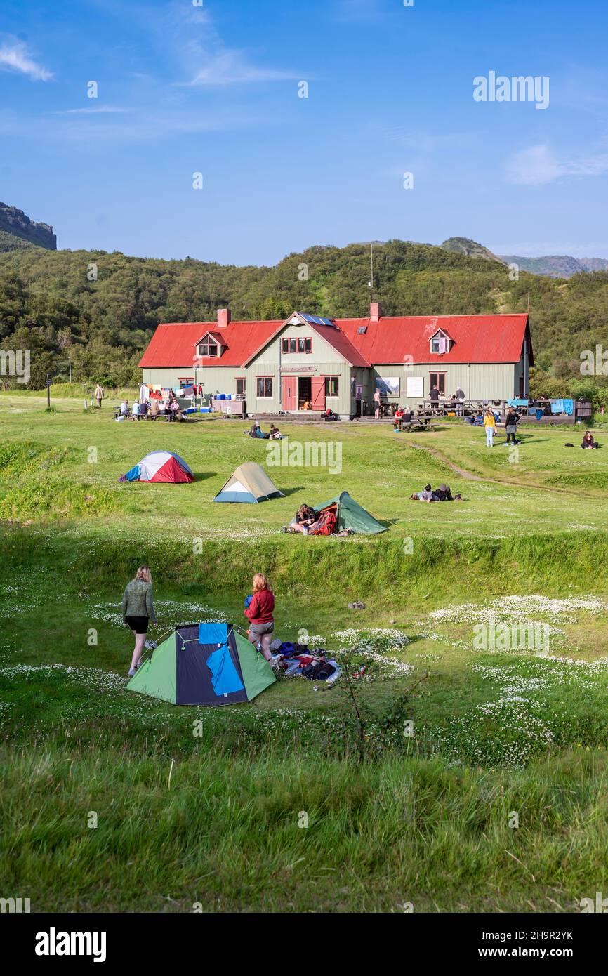 Camping Skagfjoerosskali dans les Highlands islandais, Porsmoerk, Suourland, Islande Banque D'Images
