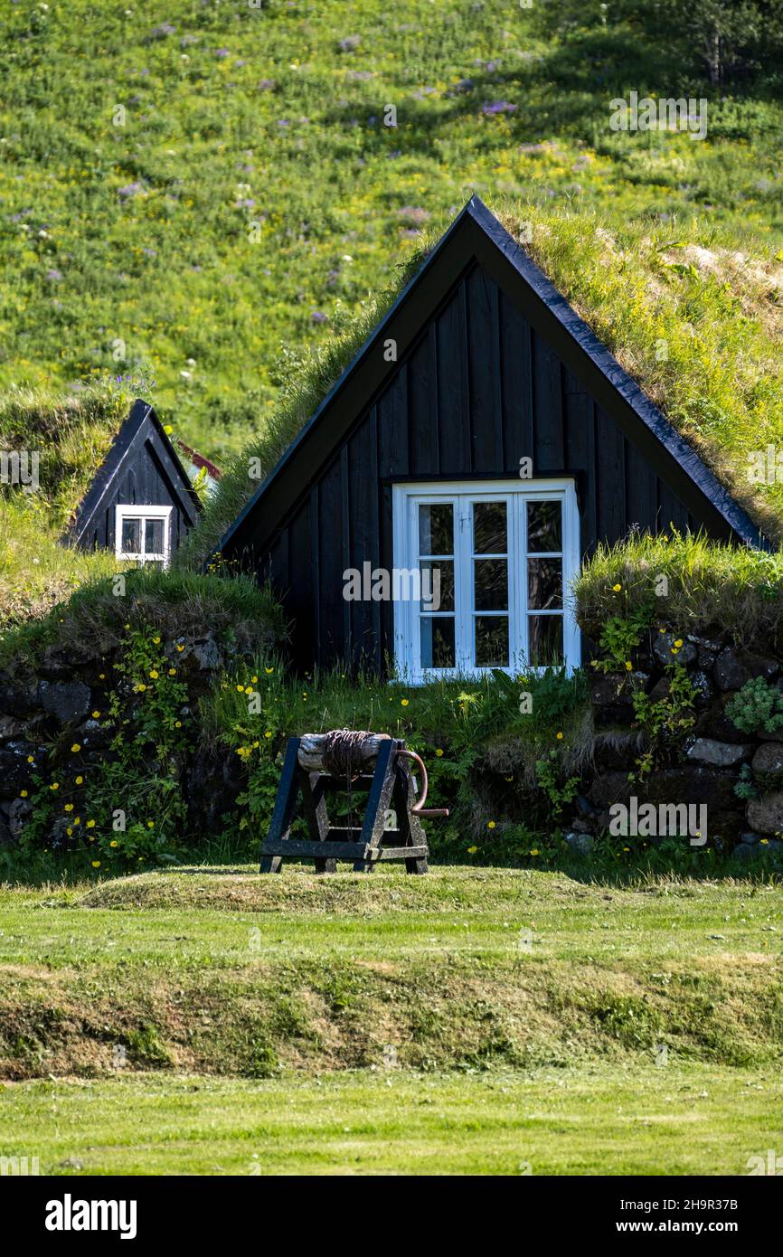 Maison traditionnelle, maisons de tourbe avec de l'herbe sur le toit, Musée Skogar, Skogar, Islande Banque D'Images