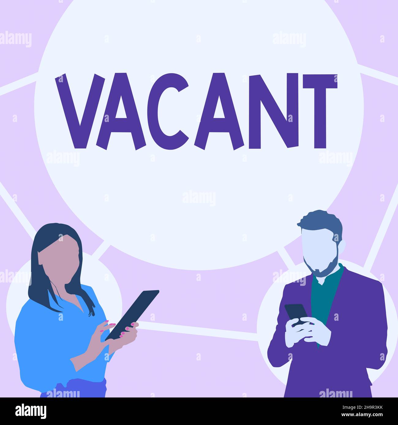 Affiche indiquant un poste vacant.Mot pour manque de contenu qui pourrait ou devrait être présent vide non rempli Illustration des partenaires occupés à utiliser des smartphones Banque D'Images