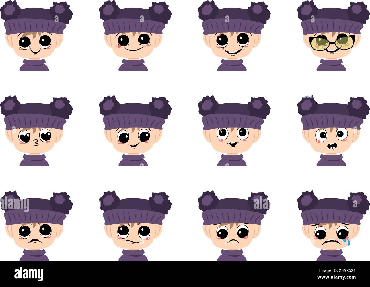 Ensemble D Avatar De Fille Avec De Grands Yeux Et Un Large Sourire Et Differentes Emotions Dans Chapeau Violet Avec Pompon Enfant Mignon Avec Un Visage Joyeux Triste Ou En Colere Image Vectorielle Stock