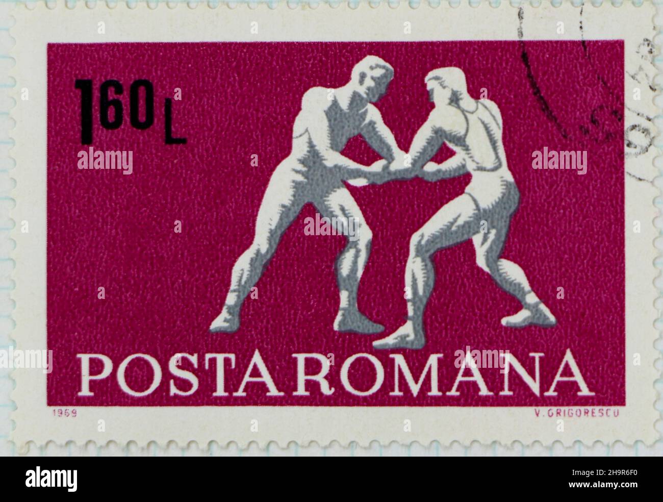 Photo d'un timbre-poste 1,60l d'une série sportive de Romania Wrestling Banque D'Images