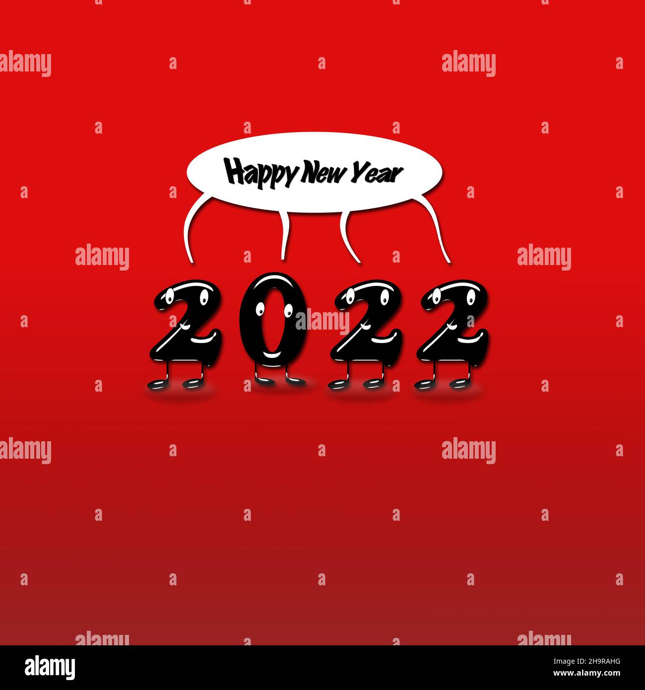 Dessin animé de 2022 chiffres avec bulle de discours avec texte bonne année sur fond rouge. Banque D'Images