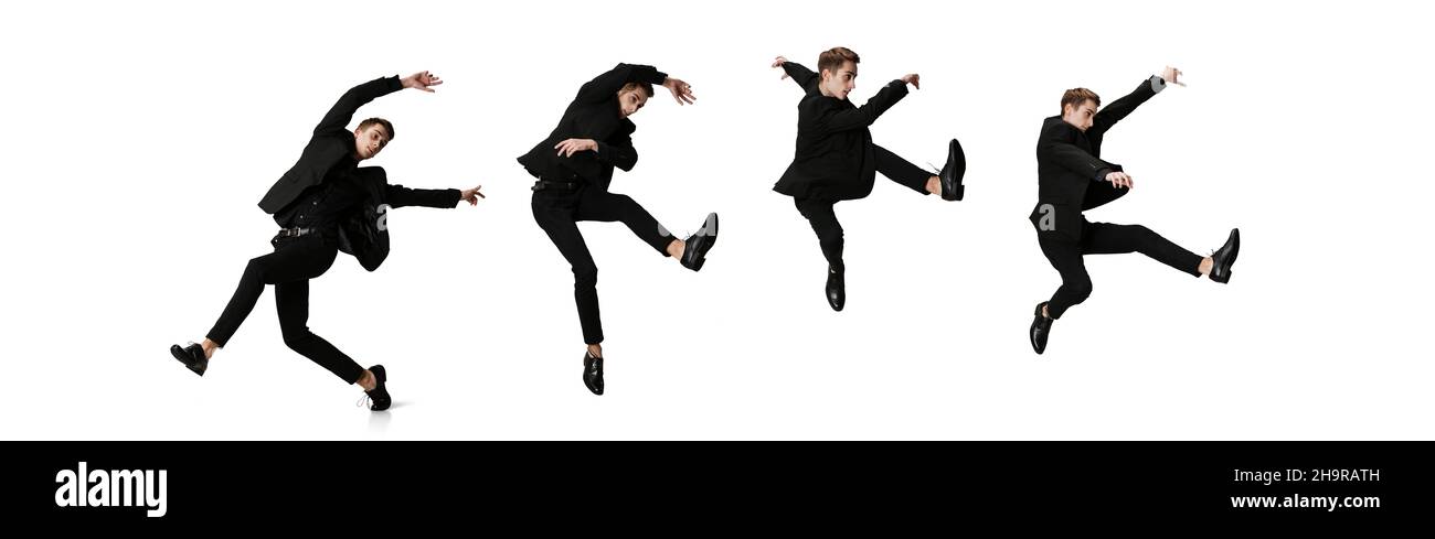 Développement des mouvements.Le jeune homme en costume d'affaires noir se déplace isolé sur fond blanc.Collage.Art, mouvement, action Banque D'Images