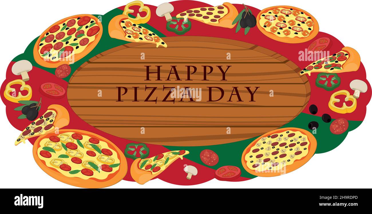 Panneau en bois Happy Pizza Day décoré de pizzas et d'ingrédients, illustration vectorielle Illustration de Vecteur