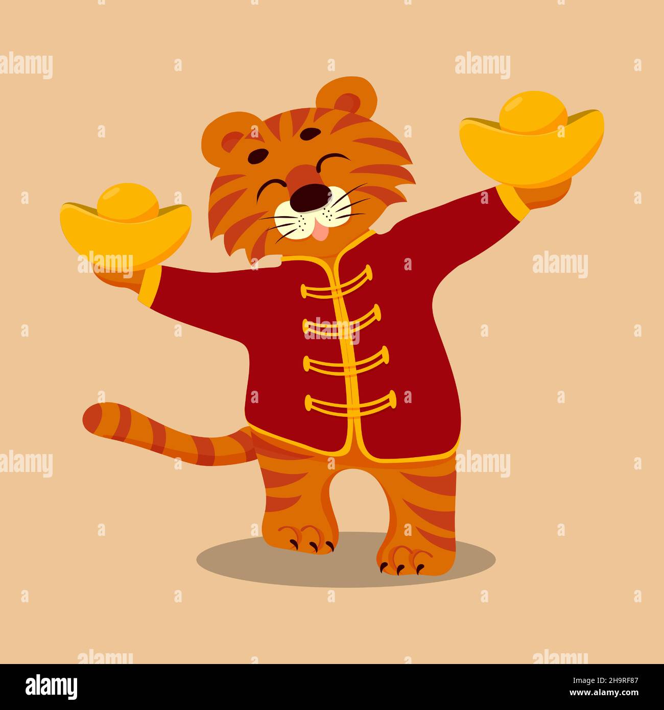 Un joli tigre de dessin animé dans une veste rouge tient des barres dorées.Signe de l'année 2022 chinois.Nouvelle année lunaire en Corée.Affiche des fêtes.Vecteur plat Illustration de Vecteur