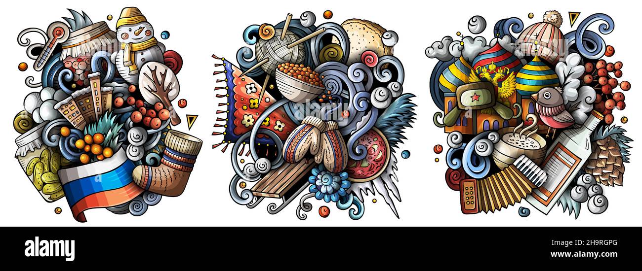 Ensemble de motifs de dessin animé à motif caniche pour le Brésil.Compositions détaillées colorées avec beaucoup de symboles traditionnels.Isolé sur des illustrations blanches Illustration de Vecteur