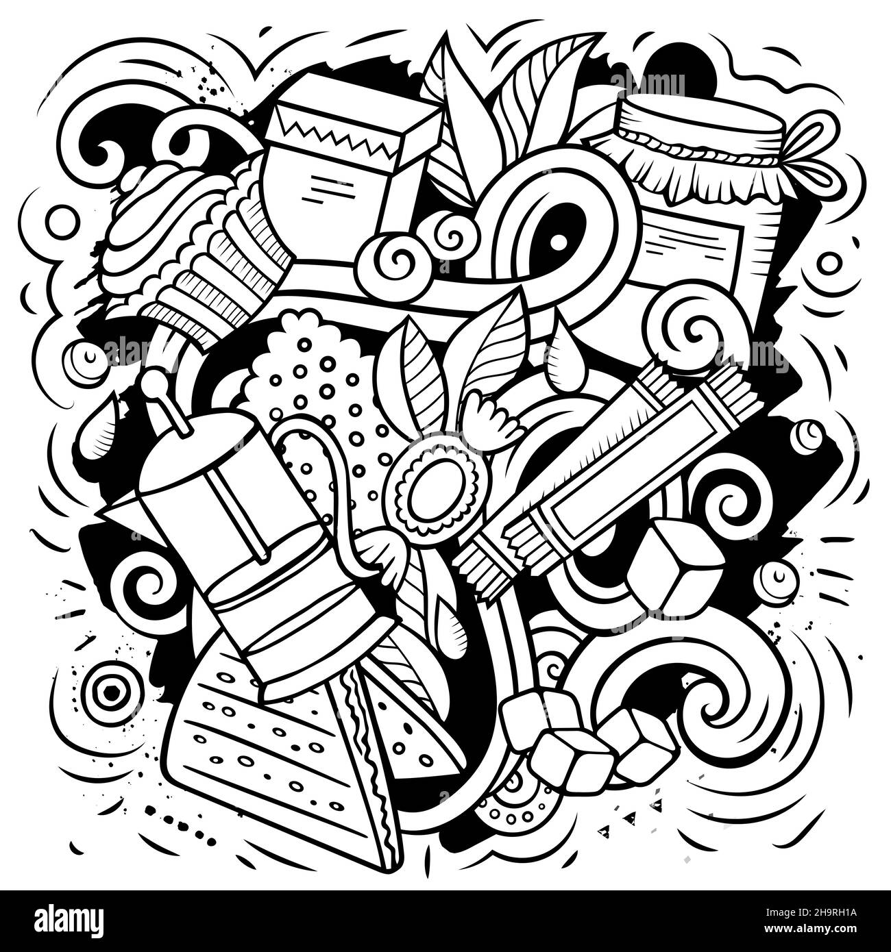 Dessin animé vectoriel gribouillis illustration de l'heure du thé.Esquissé, détaillé, avec beaucoup d'arrière-plan d'objets.Tous les objets sont séparés.Café image drôle Illustration de Vecteur