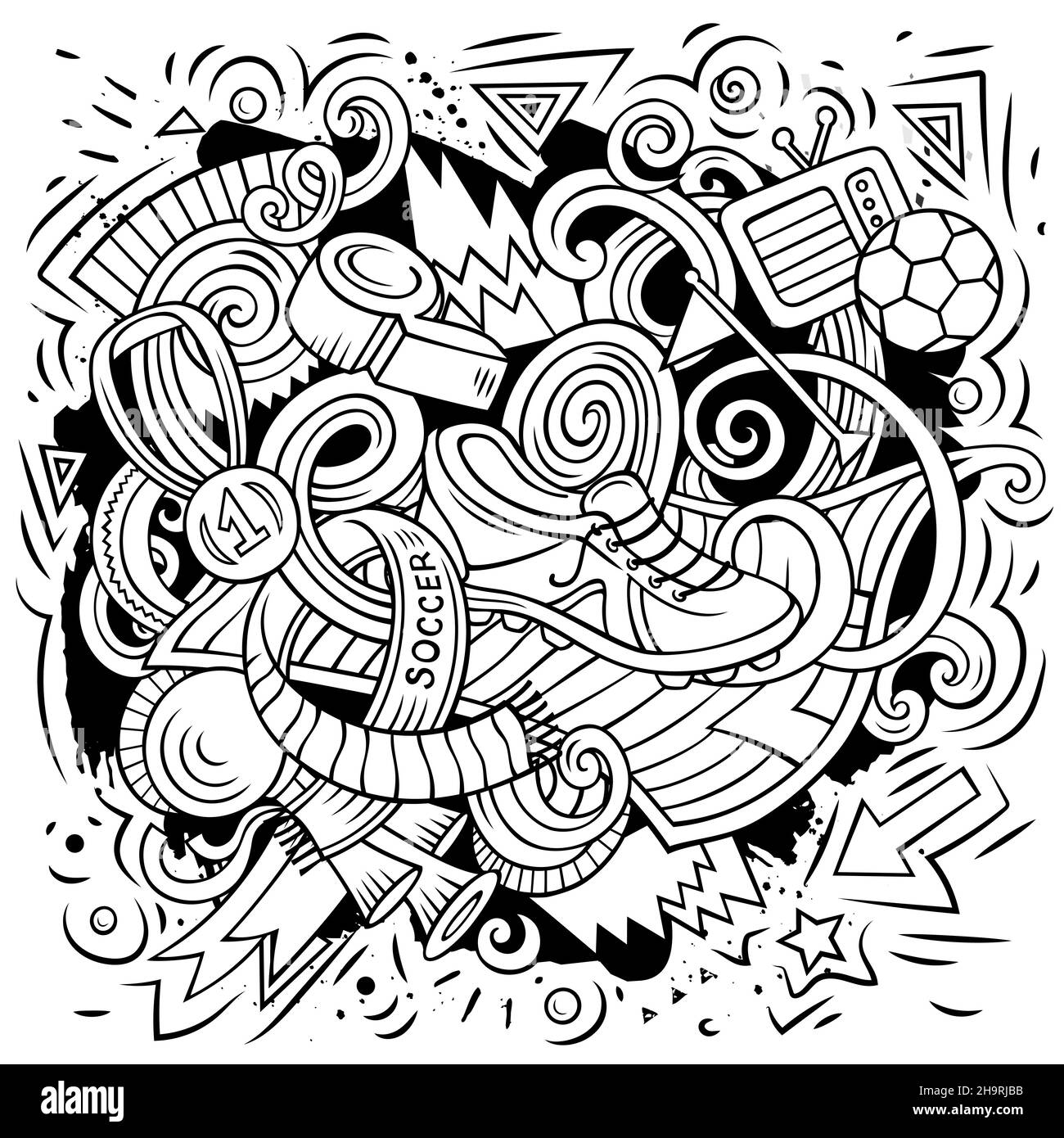 Dessin animé vectoriel de dessins de football illustration.Dessin au trait, détaillé, avec beaucoup d'arrière-plan d'objets.Tous les objets sont séparés.Football image drôle Illustration de Vecteur