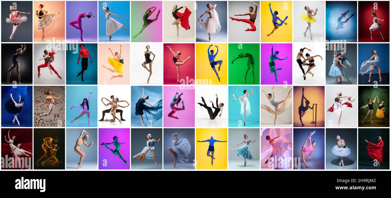 Ensemble de photos composé de portraits de danseurs de ballet féminins et masculins dansant isolés sur fond multicolore à la lumière du néon. Banque D'Images