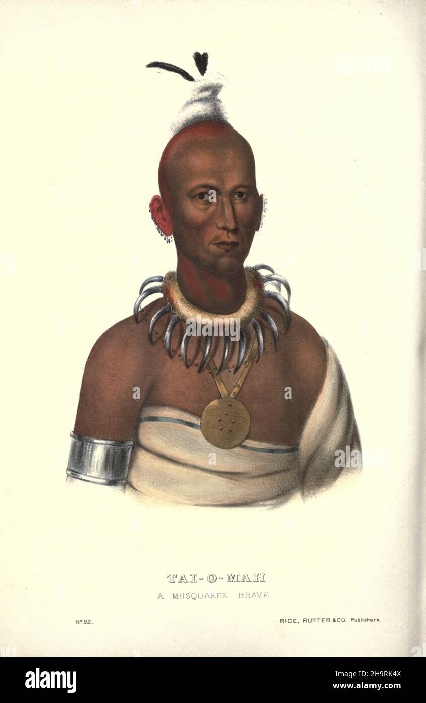 TAI-O-MAH.Un MUSQUAKEE BRAVE par Charles Bird King de l'histoire des tribus indiennes de l'Amérique du Nord ca.1837-1844, lithographie sur papier couleur main, publiée par McKenney et Hall Banque D'Images