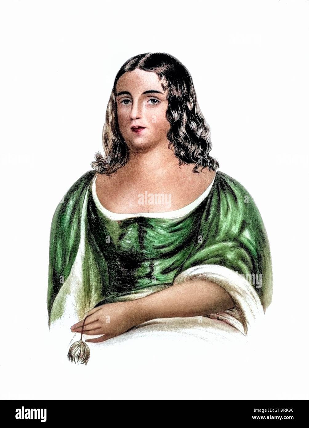 Portrait de po-CA-HON-TAS [POCAHONTAS] né Amonute, connu sous le nom de Matoaka, c.1596 – mars 1617) était une femme amérindienne, appartenant au peuple Powhatan, remarquable pour son association avec la colonie de Jamestown, en Virginie.Elle était la fille de Powhatan, le chef suprême d'un réseau de tribus tributaires dans la Tsenacommaca, englobant la région de Tidewater en Virginie.Par Charles Bird King de l'histoire des tribus indiennes de l'Amérique du Nord ca.1837-1844, lithographie sur papier couleur main, publiée par McKenney et Hall Banque D'Images