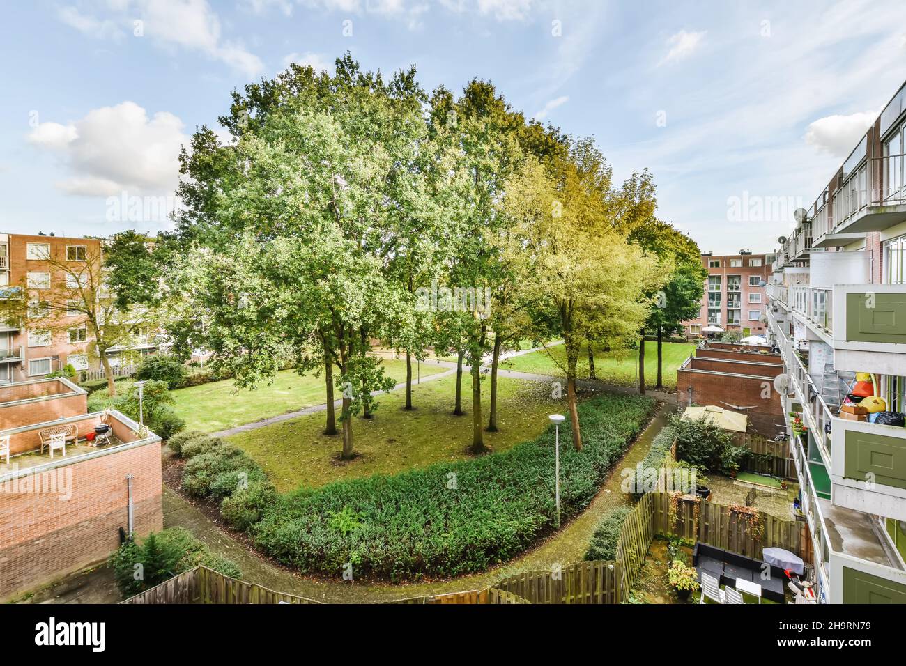 Vue enchanteresse sur le parc avec des arbres et une pelouse luxuriante Banque D'Images