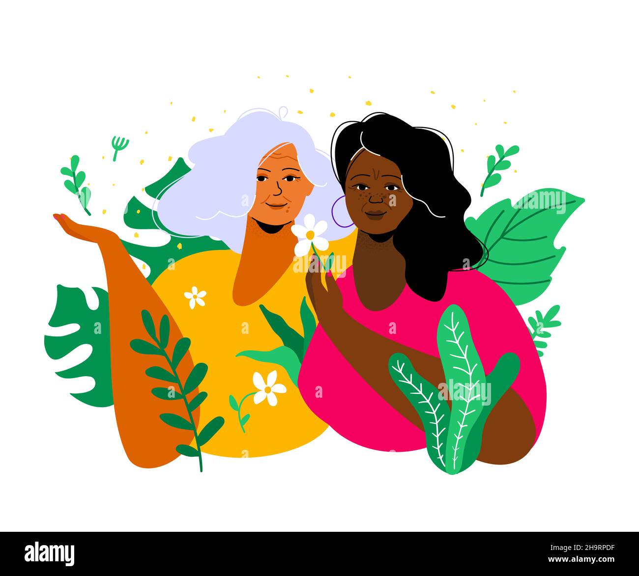 Femmes amies : illustration de style plat coloré.Deux femmes âgées internationales parlant.Fermez la communication sur n'importe quel sujet.Confiance, soins, mu Illustration de Vecteur