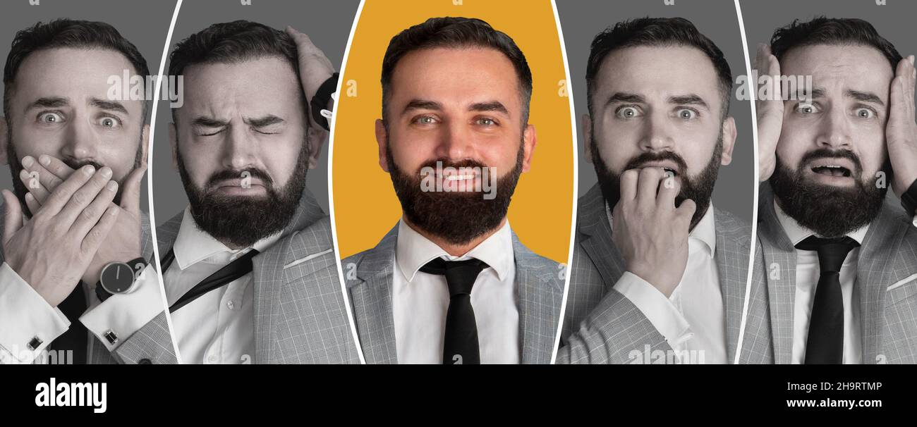 Jeune homme d'affaires en tenue de cérémonie faisant l'expérience de sautes d'humeur, montrant diverses émotions, collage Banque D'Images