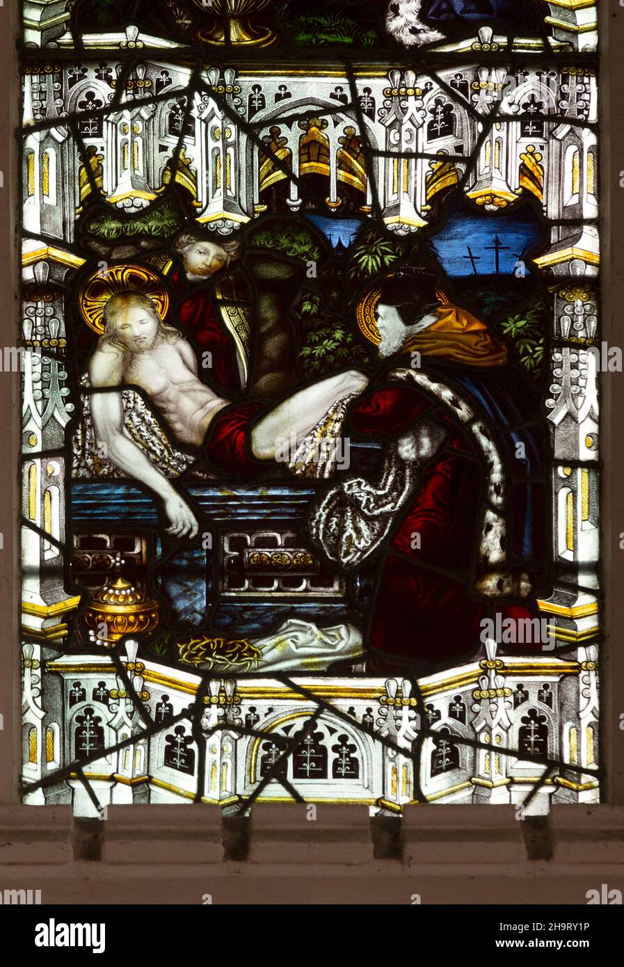 Vitraux de détail fenêtre est, Cockfield église, Suffolk, Angleterre, Royaume-Uni par C E Kempe c 1889, Banque D'Images