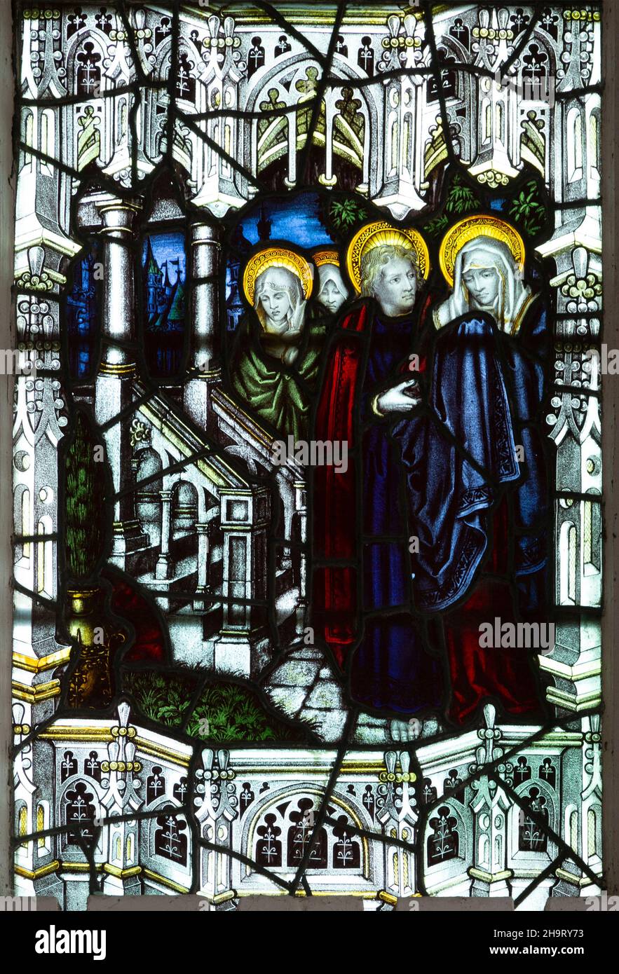 Vitraux de détail fenêtre est, Cockfield église, Suffolk, Angleterre, Royaume-Uni par C E Kempe c 1889, Banque D'Images