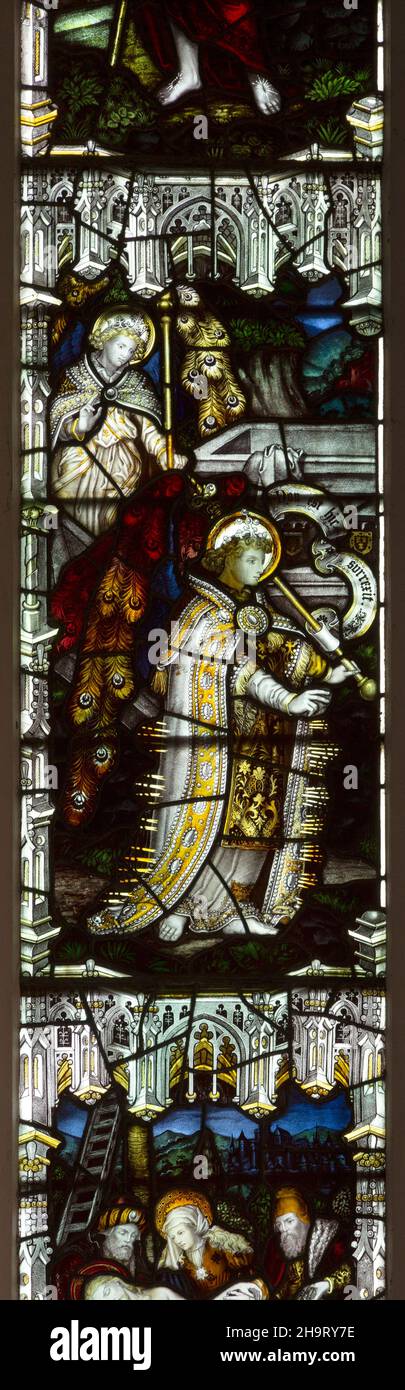 Vitraux de détail fenêtre est, Cockfield église, Suffolk, Angleterre, Royaume-Uni par C E Kempe c 1889, Banque D'Images