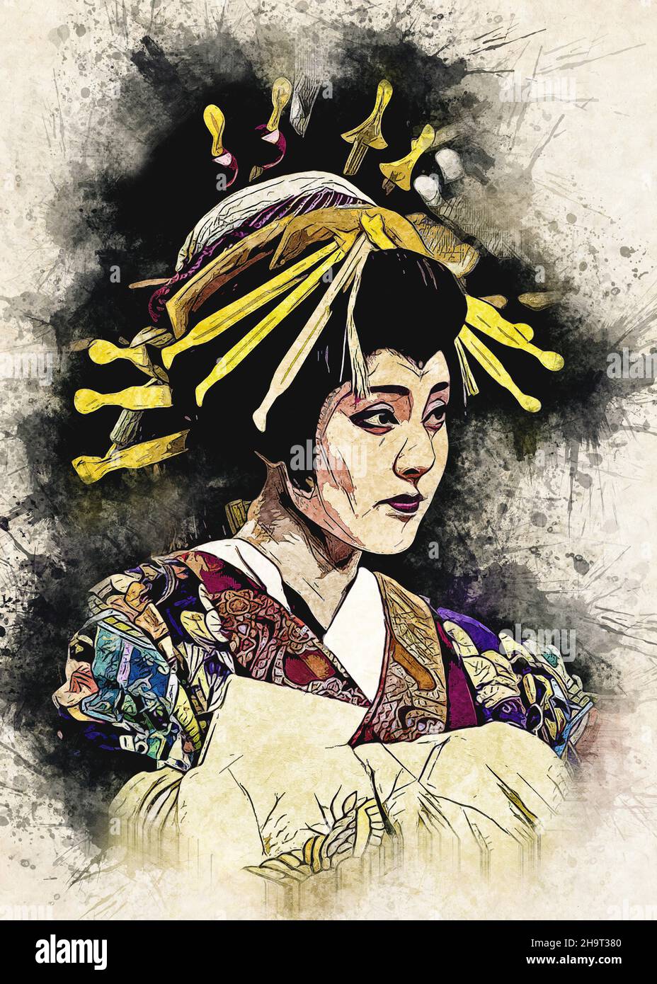 Geisha Girl / Vintage Watercolor style d'art japonais de la période Edo Banque D'Images