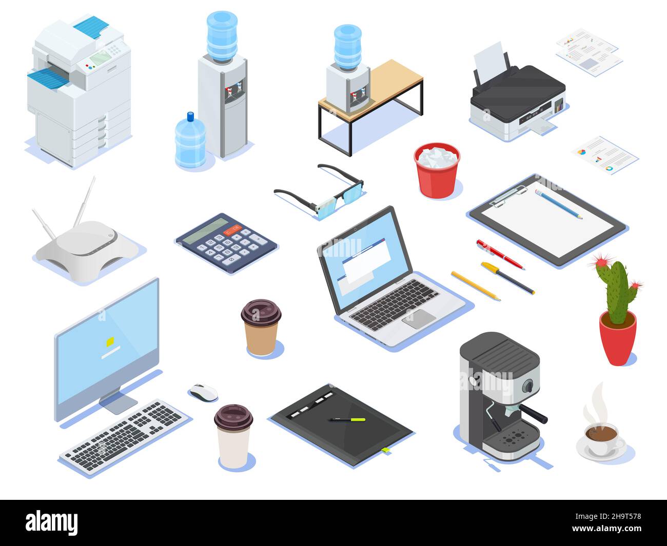 Bureau, ordinateur portable, ordinateur, photocopieuse, machine à café, refroidisseur d'eau. Illustration de Vecteur